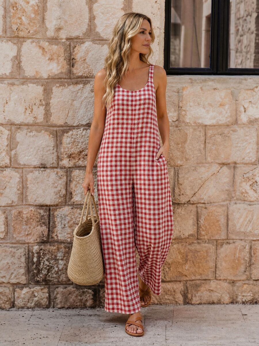 EMERY ROSE Women's Casual Plaid Jumpsuit, Spring/Summer