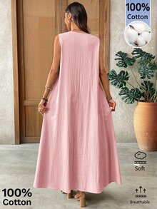 EMERY ROSE Women's Solid Color Round Neck Pleated Casual Party Vacation Long Dress Light Pink Summer - Pink - View 2