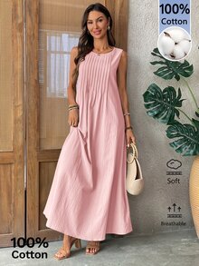 EMERY ROSE Women's Solid Color Round Neck Pleated Casual Party Vacation Long Dress Light Pink Summer - Pink - View 7