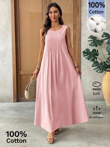 EMERY ROSE Women's Solid Color Round Neck Pleated Casual Party Vacation Long Dress Light Pink Summer - Pink - View 8