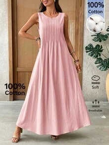 EMERY ROSE Women's Solid Color Round Neck Pleated Casual Party Vacation Long Dress Light Pink Summer - Pink - View 5