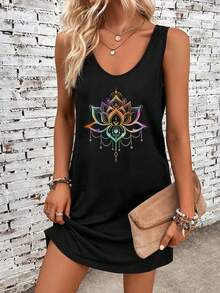 EMERY ROSE Casual Boho Minimalist Henna Lotus Flower Tattoo Design Tank Dress, Suitable For Summer, Vacation Chic Dress, Black - Black - View 2