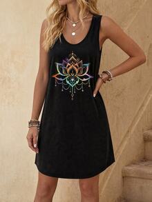 EMERY ROSE Casual Boho Minimalist Henna Lotus Flower Tattoo Design Tank Dress, Suitable For Summer, Vacation Chic Dress, Black - Black - View 1