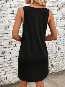 EMERY ROSE Casual Boho Minimalist Henna Lotus Flower Tattoo Design Tank Dress, Suitable For Summer, Vacation Chic Dress, Black - Black - View 5