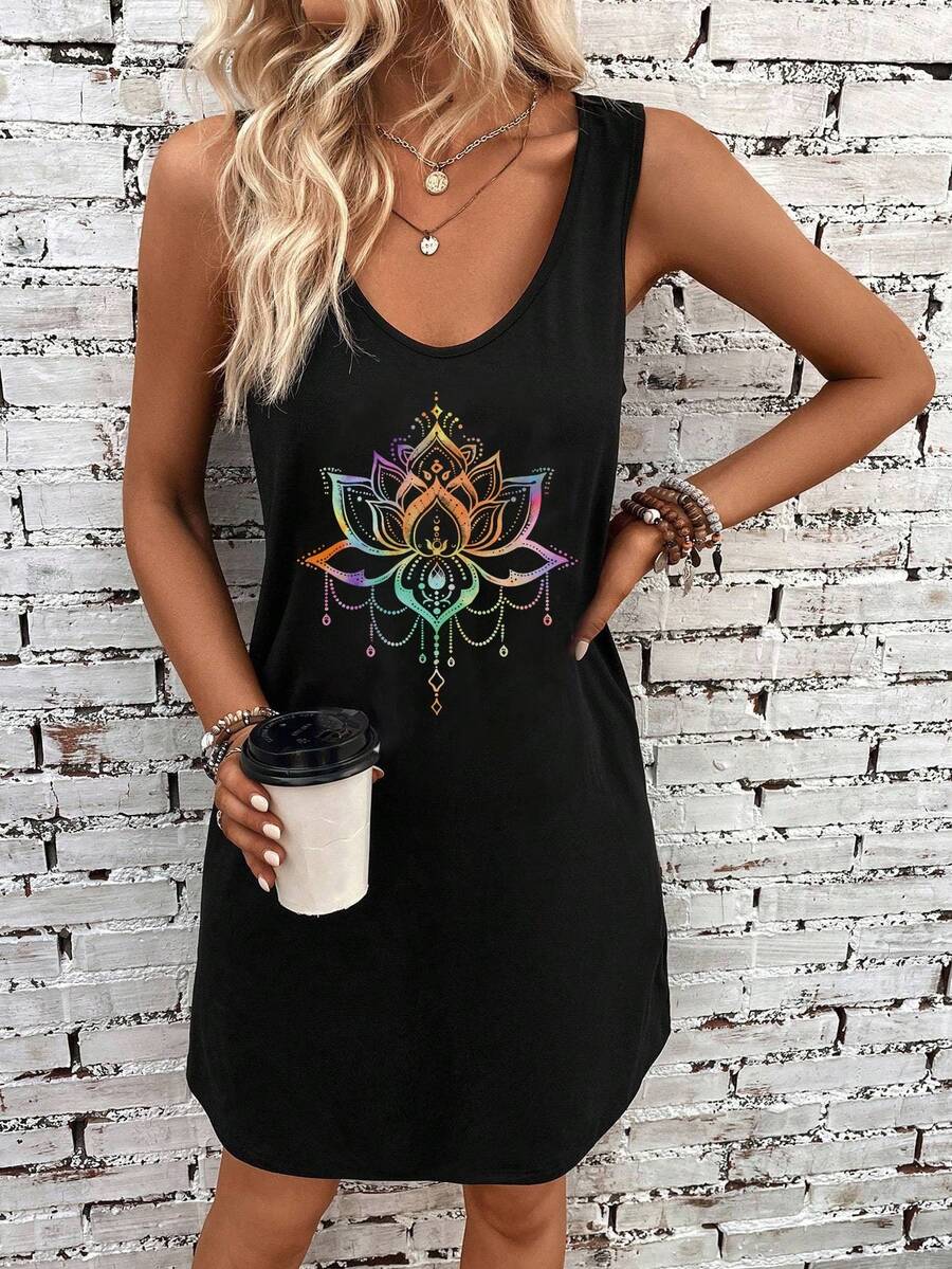EMERY ROSE Casual Boho Minimalist Henna Lotus Flower Tattoo Design Tank Dress, Suitable For Summer, Vacation Chic Dress, Black - Black - View 1