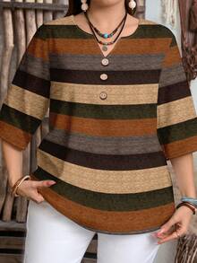 EMERY ROSE Casual Minimalist Elegant Old Money Style Colorful Faux Texture Striped 3/4 Sleeve Women's Blouse Autumn Print Pattern - Multicolor - View 4