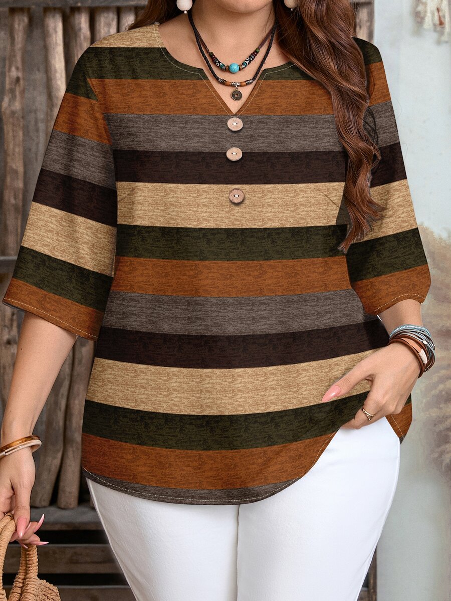 EMERY ROSE Casual Minimalist Elegant Old Money Style Colorful Faux Texture Striped 3/4 Sleeve Women's Blouse Autumn Print Pattern - Multicolor - View 1