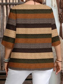 EMERY ROSE Casual Minimalist Elegant Old Money Style Colorful Faux Texture Striped 3/4 Sleeve Women's Blouse Autumn Print Pattern - Multicolor - View 2