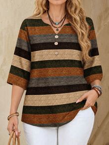 EMERY ROSE Casual Minimalist Elegant Old Money Style Colorful Faux Texture Striped 3/4 Sleeve Women's Blouse Autumn Print Pattern - Multicolor - View 3