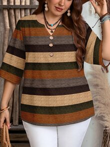 EMERY ROSE Casual Minimalist Elegant Old Money Style Colorful Faux Texture Striped 3/4 Sleeve Women's Blouse Autumn Print Pattern - Multicolor - View 7