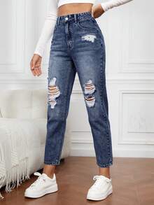 EMERY ROSE Women's Pocketed Distressed Tapered Casual Versatile Denim Jeans Women Jeans High Waisted - Dark Wash - View 6
