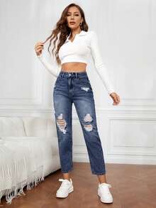 EMERY ROSE Women's Pocketed Distressed Tapered Casual Versatile Denim Jeans Women Jeans High Waisted - Dark Wash - View 4