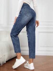 EMERY ROSE Women's Pocketed Distressed Tapered Casual Versatile Denim Jeans Women Jeans High Waisted - Dark Wash - View 2