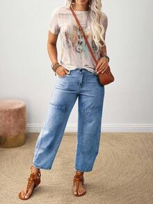 EMERY ROSE Women's Casual Wash Vintage Loose Tapered Leg Jeans - Blue - View 5