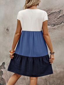 EMERY ROSE Bohemian Style Multi-Layer Doll Dress With Round Neck Short Sleeve Color Block Casual Dress For Women - Multicolor - View 2