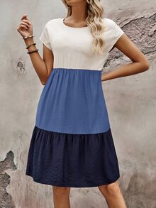 EMERY ROSE Bohemian Style Multi-Layer Doll Dress With Round Neck Short Sleeve Color Block Casual Dress For Women - Multicolor - View 7