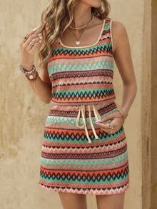EMERY ROSE Square Neck U-Neck Waist Drawstring Woven Stripes Textured Sleeveless Casual Holiday Dress For Women,Bohemia,Summer Dresses For Women - Multicolor - View 4