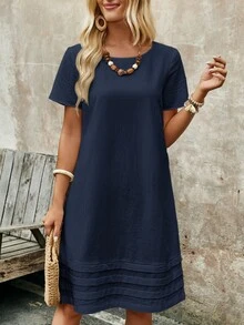 EMERY ROSE Váy ngắn tay đơn giản hàng ngày dành cho nữ - Màu xanh hải quân - Xem 7