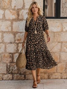 EMERY ROSE Women's Leopard Print Pleated Casual Party Long Dress - Multicolor - View 3