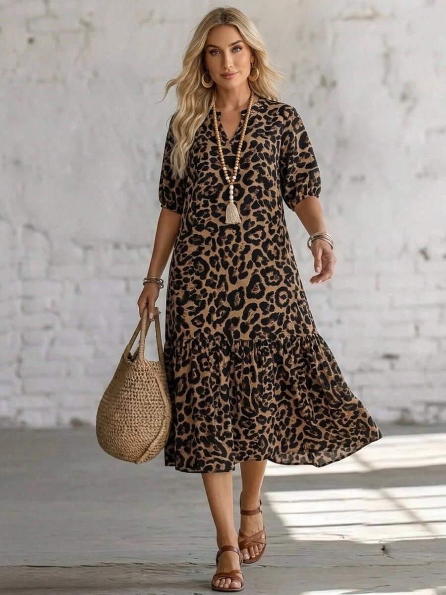 EMERY ROSE Women's Leopard Print Pleated Casual Party Long Dress - Multicolor - View 1