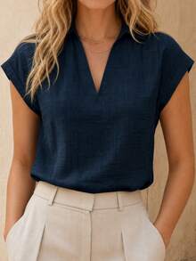 EMERY ROSE Chic Premium Apricot V-Neck Sleeveless Linen Shirt Vest, New Summer Versatile Top For Women - Navy Blue - View 1