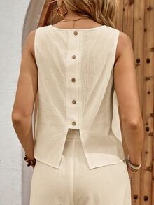 EMERY ROSE Women's Solid Color Sleeveless Blouse With Single-Row Back Button Design And Pants Casual Tropical 2 Pieces Set Vacation Apricot Summer Vacation - Camel - View 5