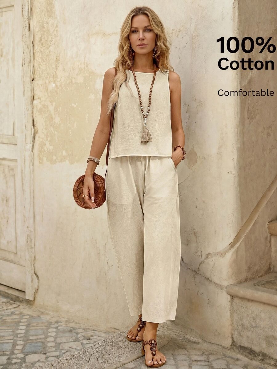 EMERY ROSE Women's Solid Color Sleeveless Blouse With Single-Row Back Button Design And Pants Casual Tropical 2 Pieces Set Vacation Apricot Summer Vacation - Camel - View 1
