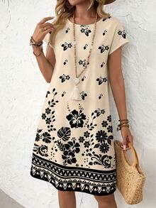 EMERY ROSE Casual Minimalist Floral Print Vacation Style Short Dress For Women, Suitable For Spring/Summer,Casual - Multicolor - View 3