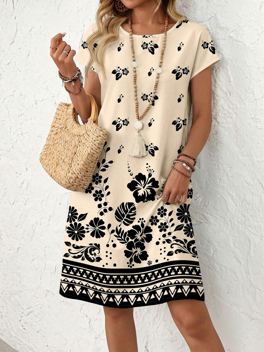 EMERY ROSE Casual Minimalist Floral Print Vacation Style Short Dress For Women, Suitable For Spring/Summer,Casual