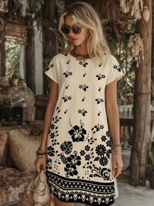 EMERY ROSE Casual Minimalist Floral Print Vacation Style Short Dress For Women, Suitable For Spring/Summer,Casual - Multicolor - View 5