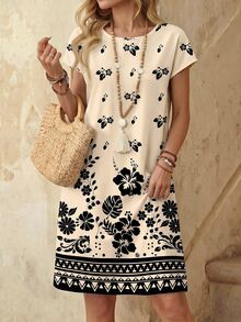 EMERY ROSE Casual Minimalist Floral Print Vacation Style Short Dress For Women, Suitable For Spring/Summer,Casual - Multicolor - View 4