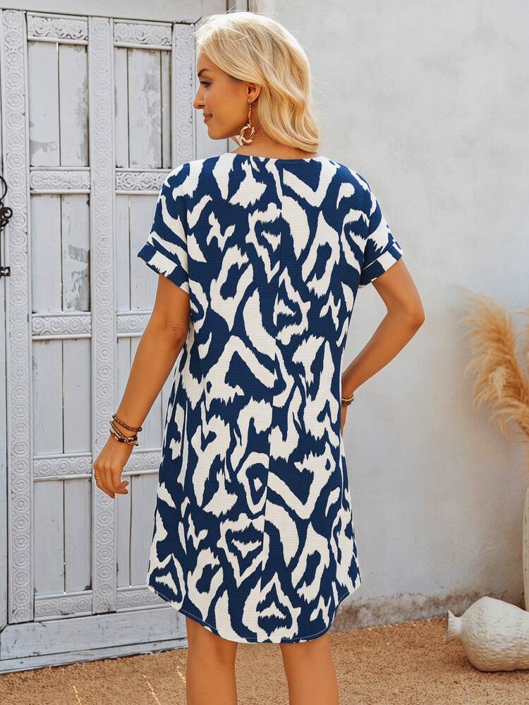 EMERY ROSE Gaun Midi Wanita Kasual Liburan Gaya Boho Motif Seluruh Permukaan Motif Cheetah untuk Konser Country, Warna Biru Tua dan Putih, Cocok untuk Liburan Musim Panas. - MultiWarna - View 2