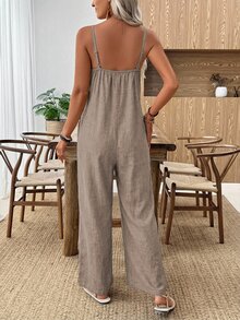 EMERY ROSE Women's Solid Color Pocket Casual Strappy Wide Leg Jumpsuit For Vacation - Khaki - View 2