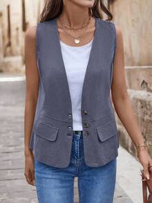 EMERY ROSE Women's Retro Pocketed Decorative Vest Jacket - Light Wash - View 4