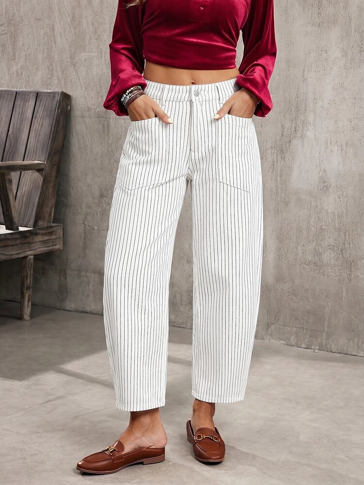 EMERY ROSE Women's Striped Pocket Tapered Casual Loose Fit Jeans - Black and White - View 6