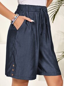 EMERY ROSE Women's Solid Color Waist Tie Pocket Loose Casual Shorts - Dusty Blue - View 3