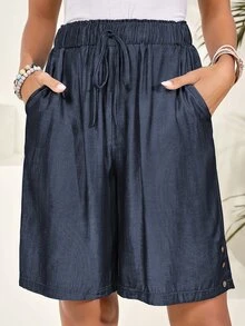 EMERY ROSE Women's Solid Color Waist Tie Pocket Loose Casual Shorts - Dusty Blue - View 5