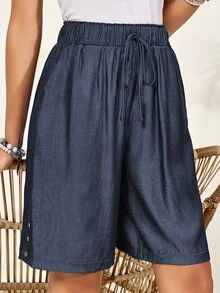 EMERY ROSE Women's Solid Color Waist Tie Pocket Loose Casual Shorts - Dusty Blue - View 4