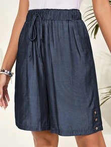 EMERY ROSE Women's Solid Color Waist Tie Pocket Loose Casual Shorts - Dusty Blue - View 6