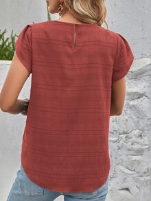EMERY ROSE Solid Color Petal Sleeve Back Keyhole Blouse,Short Sleeve Tops - Rust Brown - View 2