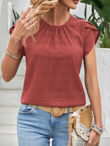 EMERY ROSE Solid Color Petal Sleeve Back Keyhole Blouse,Short Sleeve Tops - Rust Brown - View 8