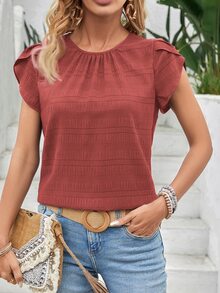 EMERY ROSE Solid Color Petal Sleeve Back Keyhole Blouse,Short Sleeve Tops - Rust Brown - View 7