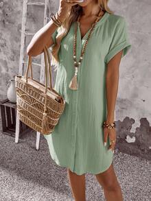 EMERY ROSE Women's Solid Color V-Neck Short Sleeve Single-Breasted Casual Mini Dress Women Vacation Summer Green Button Up - Green - View 5