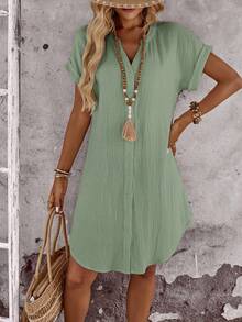 EMERY ROSE Women's Solid Color V-Neck Short Sleeve Single-Breasted Casual Mini Dress Women Vacation Summer Green Button Up - Green - View 8