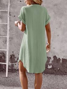 EMERY ROSE Women's Solid Color V-Neck Short Sleeve Single-Breasted Casual Mini Dress Women Vacation Summer Green Button Up - Green - View 2