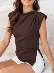 EMERY ROSE Women's Casual Solid Color Asymmetric Hem Cap Sleeve T-Shirt, Summer - Coffee Brown - View 3