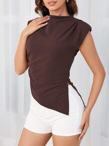 EMERY ROSE Women's Casual Solid Color Asymmetric Hem Cap Sleeve T-Shirt, Summer - Coffee Brown - View 6