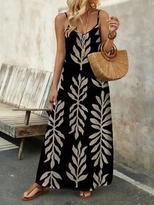 EMERY ROSE Women's Comfortable Stretchy Knit Casual Vacation Long Camisole Dress, Suitable For Summer - Black - View 3