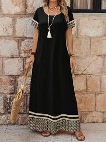 EMERY ROSE Casual Square Neck Short Sleeve Printed Long Maxi Dress, Women Summer Floral Loose Fit Dress Boho Suitable For Going Out Beach Chic Dress,Casual Black - Multicolor - View 2