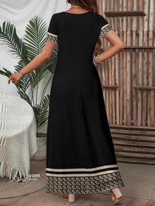 EMERY ROSE Casual Square Neck Short Sleeve Printed Long Maxi Dress, Women Summer Floral Loose Fit Dress Boho Suitable For Going Out Beach Chic Dress,Casual Black - Multicolor - View 5